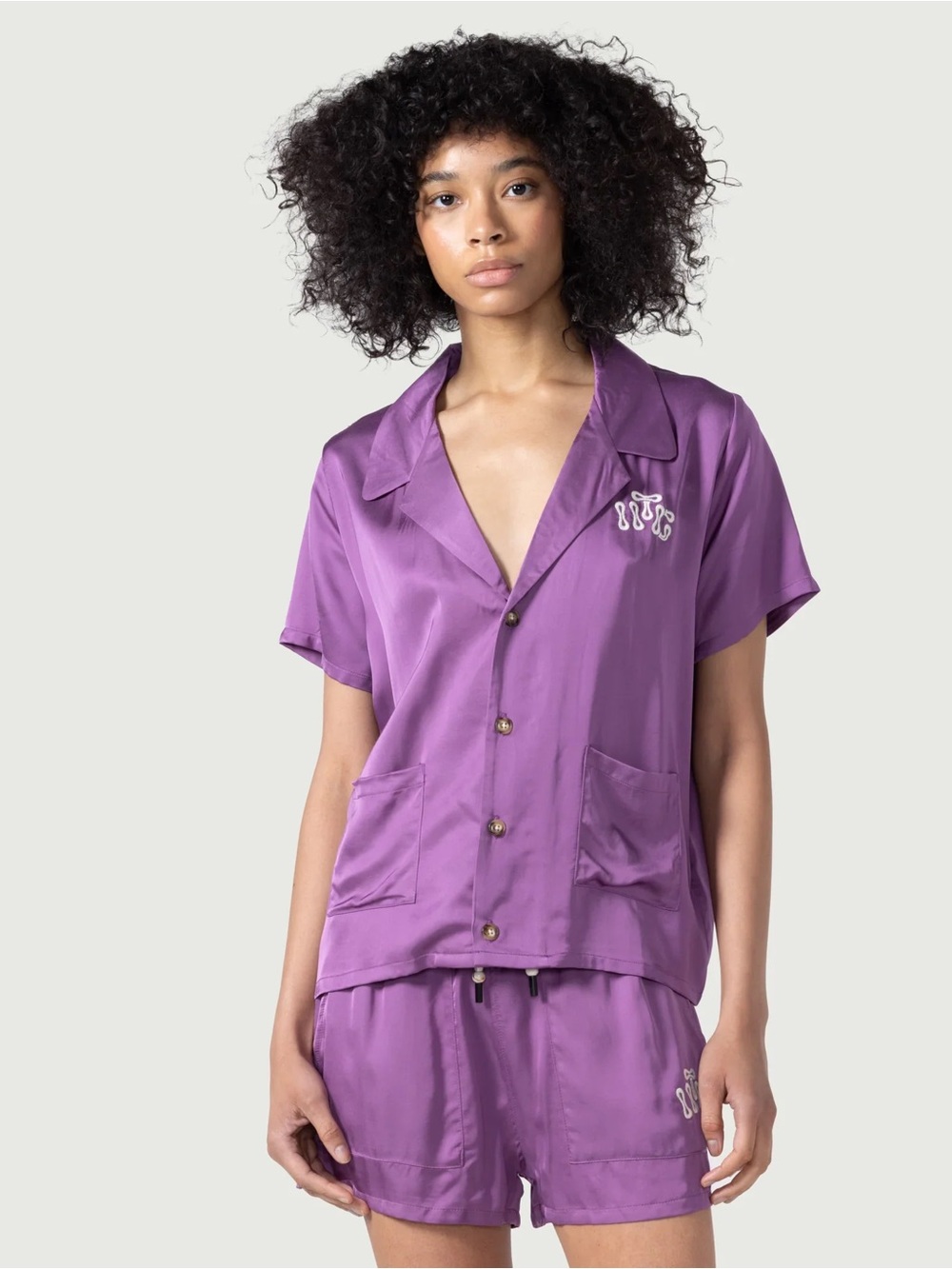 Honor the Gift Purple Satin Camp Collar Bowling Shirt Womens Size Large Comfy